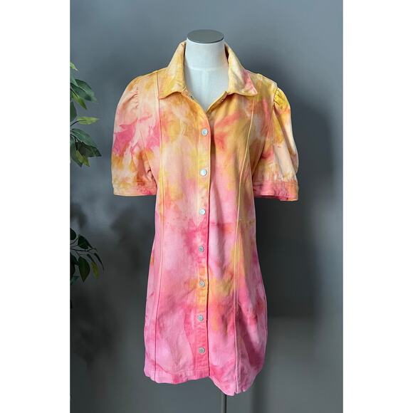 Blank NYC Boho Sunset Tie Dye Puff Sleeve Button Down Denim Dress Size Large - Picture 1 of 8